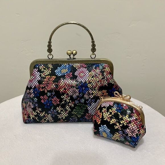 Handmade Genuine Embossed Leather Floral Print Top Handle bag & Small Purse Set - Picture 1 of 16